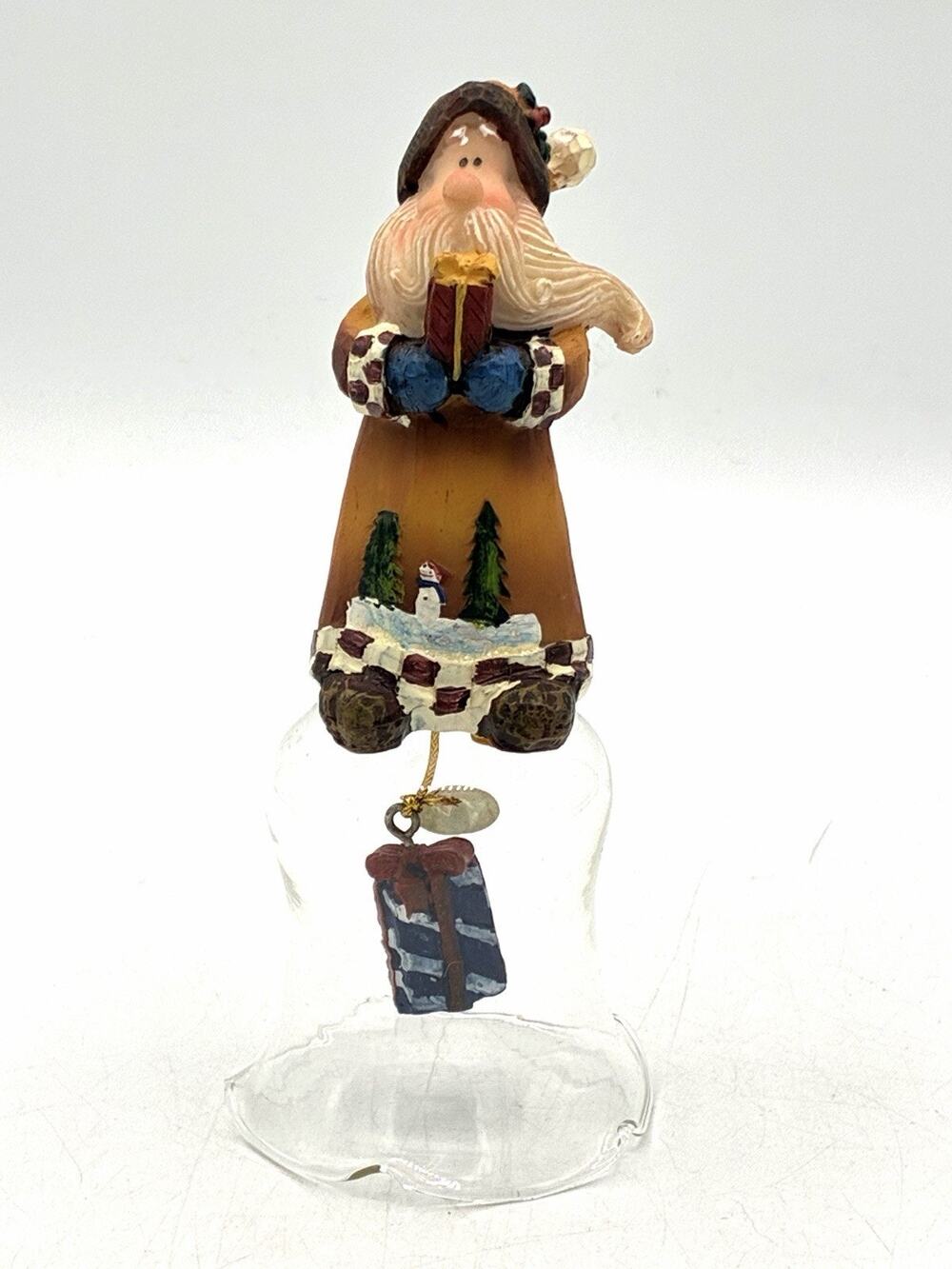 Folk Art Santa Resin Glass Bell Christmas Snowman Winter Scene Dangle Charm